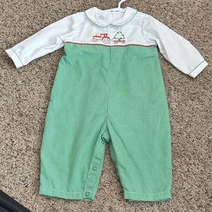 Petit Ami Embroidered Tractor Green Christmas Tree Gingham Infant Romper